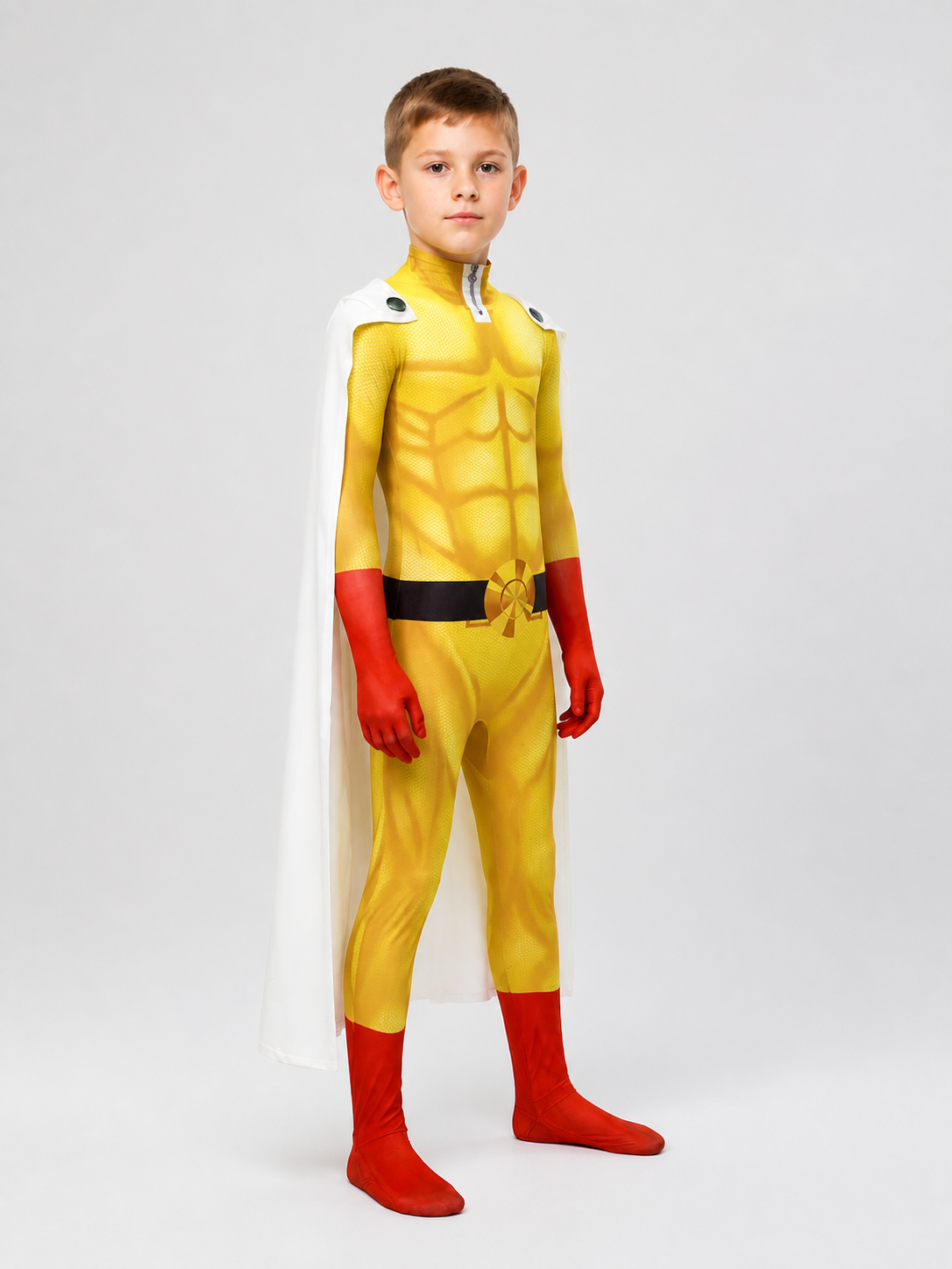 Saitama Cosplay Costume from One-Punch Man with Cape side view
