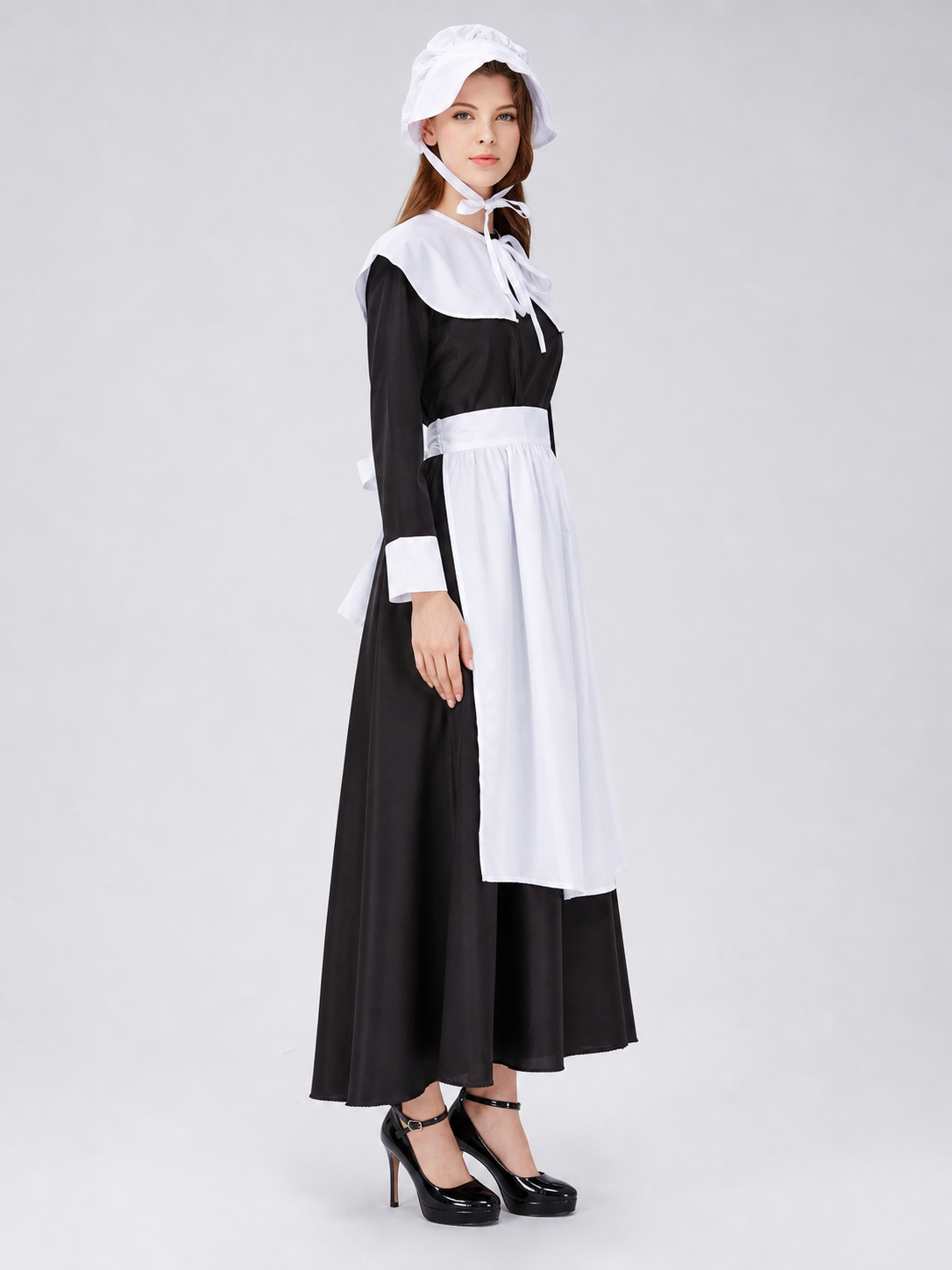 Black and White Maid Costume with Apron and Collar side view
