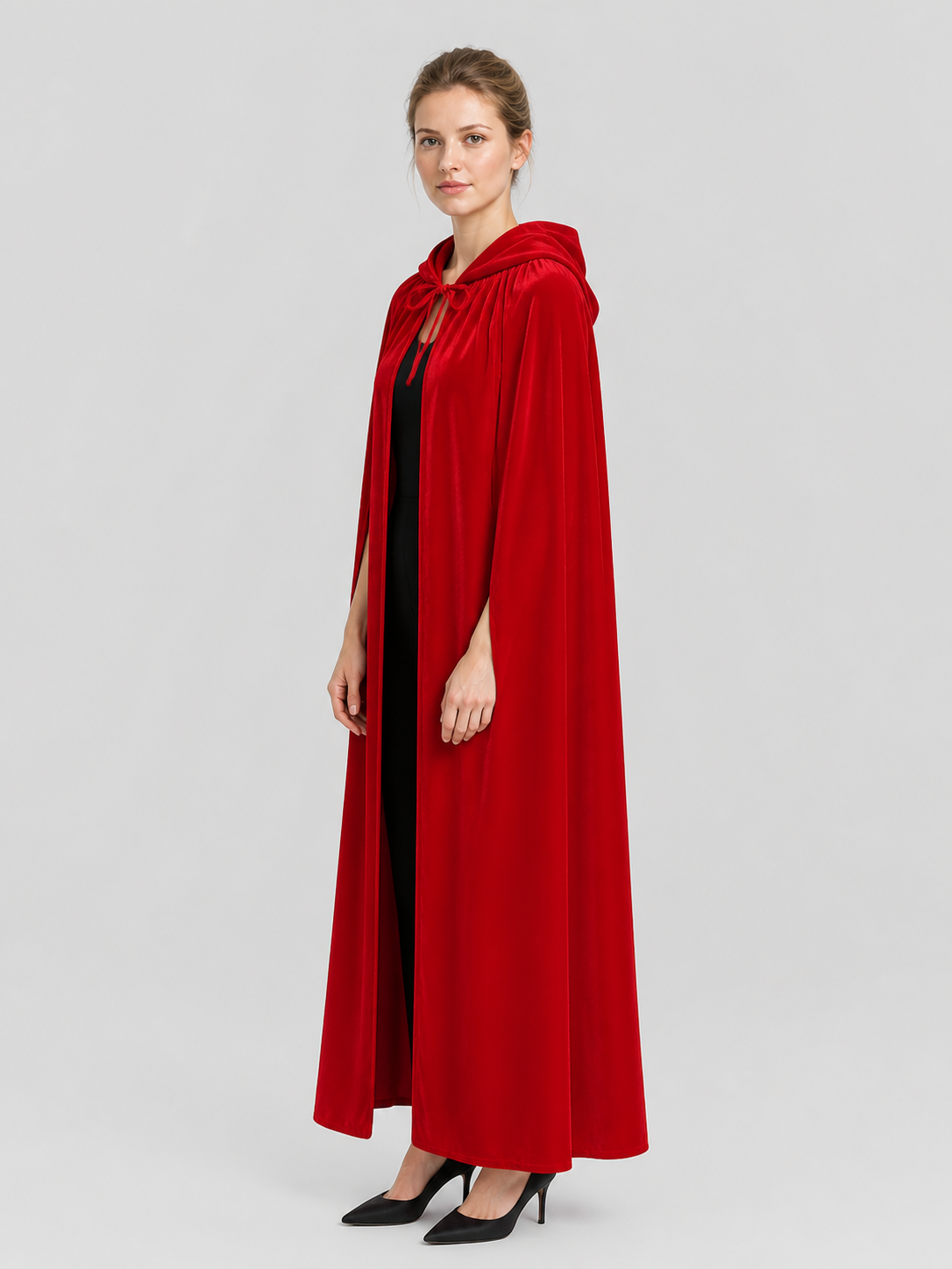 Red Short Hooded Halloween Cape with Lace side view