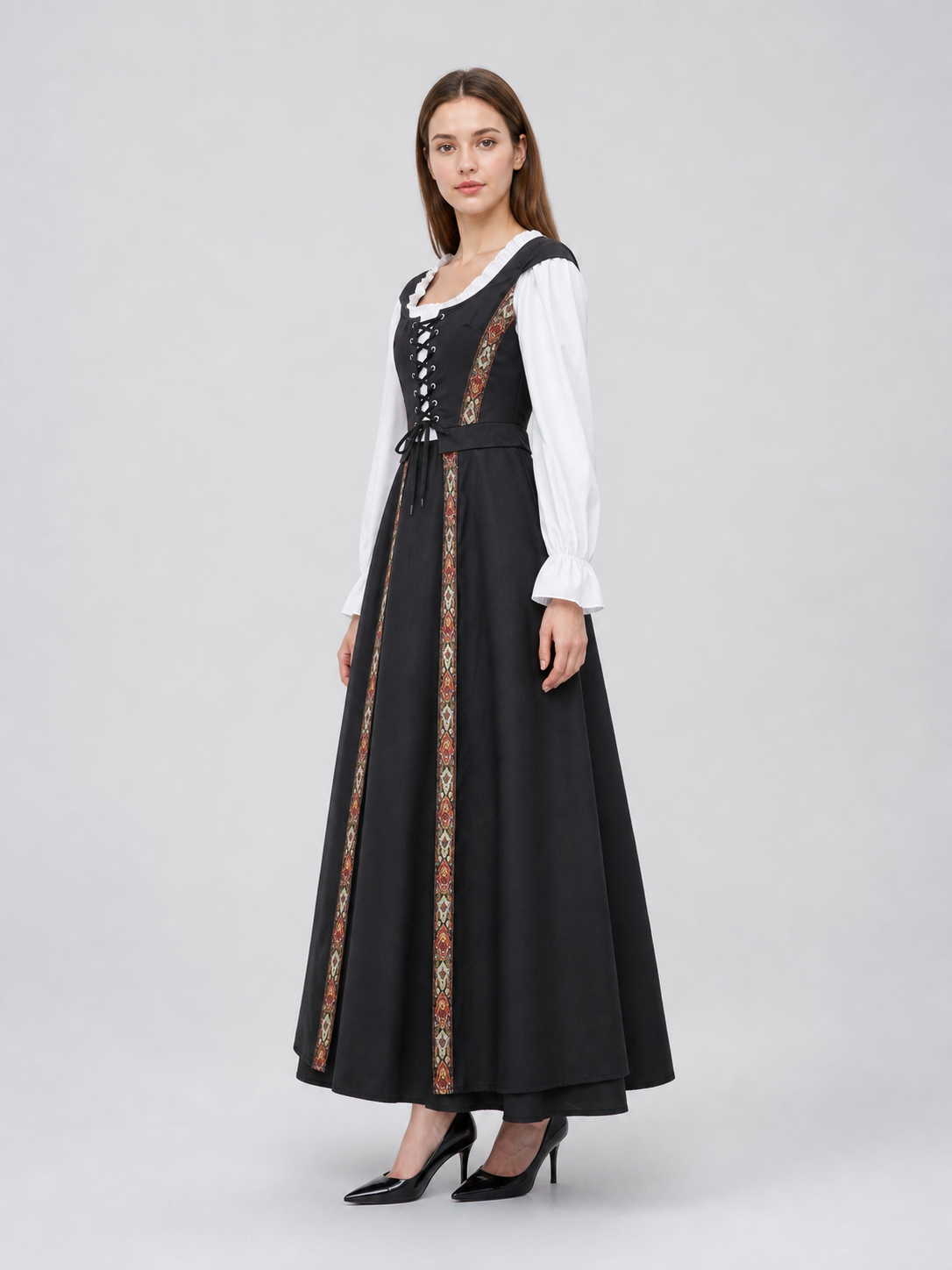 Historical Costume: Long Black Dress with Lace-Up Detail side view