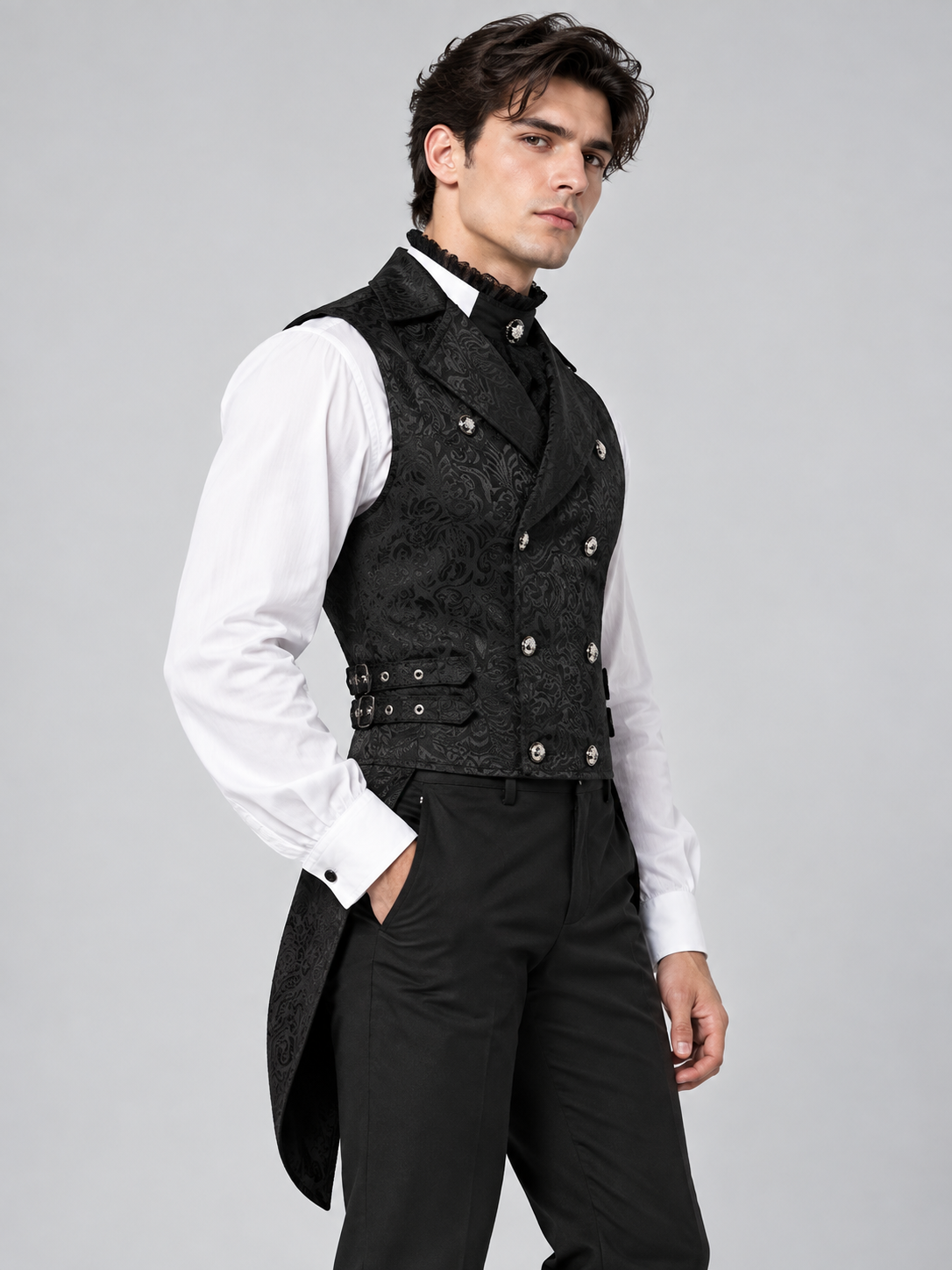 Black Double-Breasted Jacquard Pattern Vest with Tails