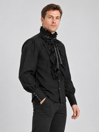 Black shirt with a high collar, ruffles, and lace
