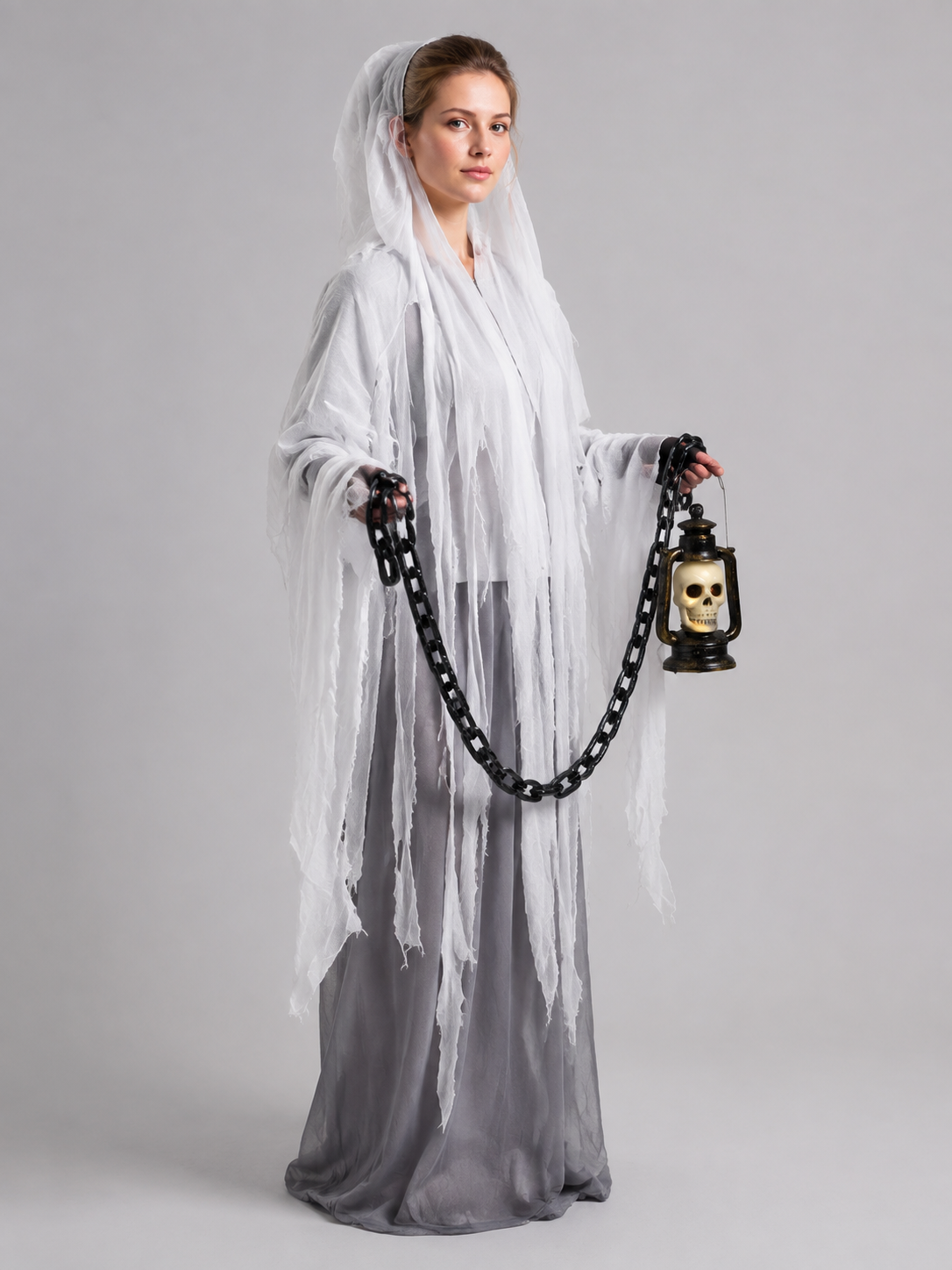 Ghost Costume with Tattered Robe and Lantern side view