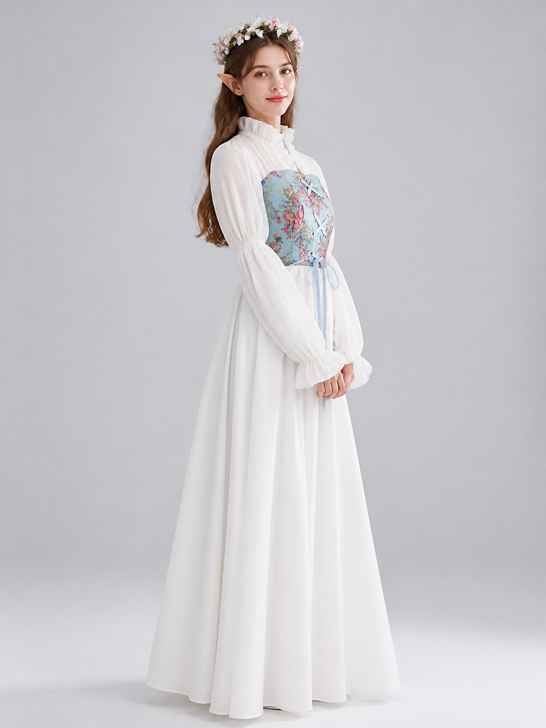 Long White Floor-Length Dress with Corset Lacing side view