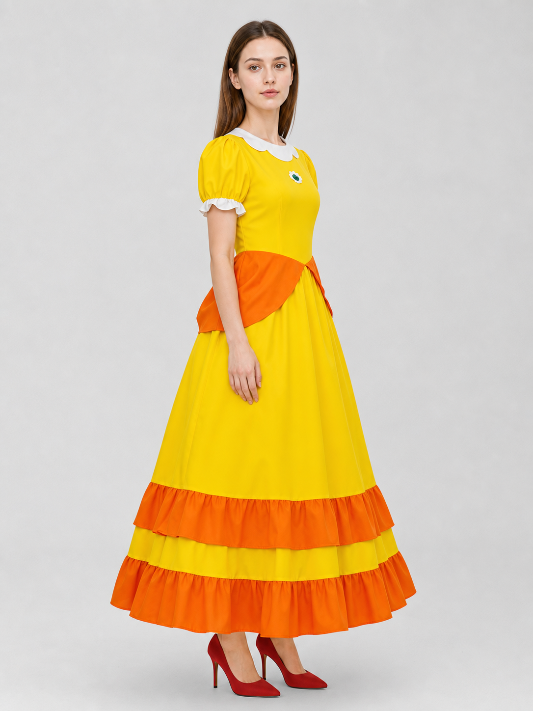 Yellow carnival costume with a crown and a full skirt