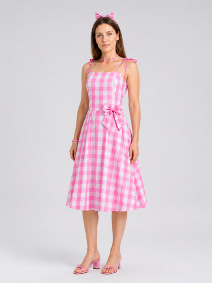 Cosplay Dress in a Large Pink-and-White Checkered Pattern with Bow side view