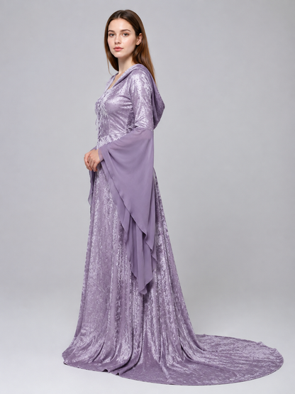 Lilac Medieval Hooded Dress with a Train side view