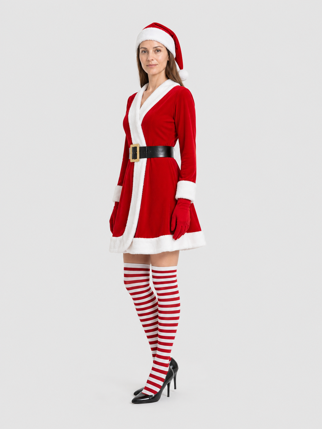 Christmas dress with hat, belt, gloves, and socks side view
