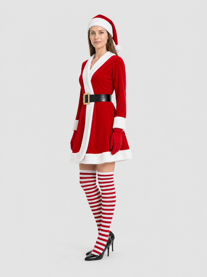 Christmas dress with hat, belt, gloves, and socks side view