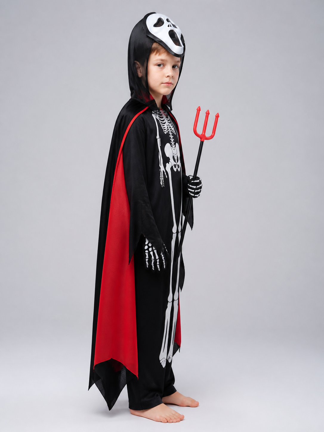 Skeleton Costume with Mask and Cape side view