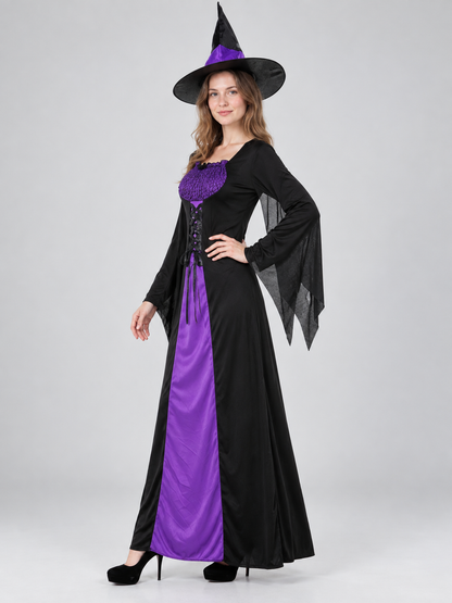 Witch Costume: Long Black and Purple Dress, Hat