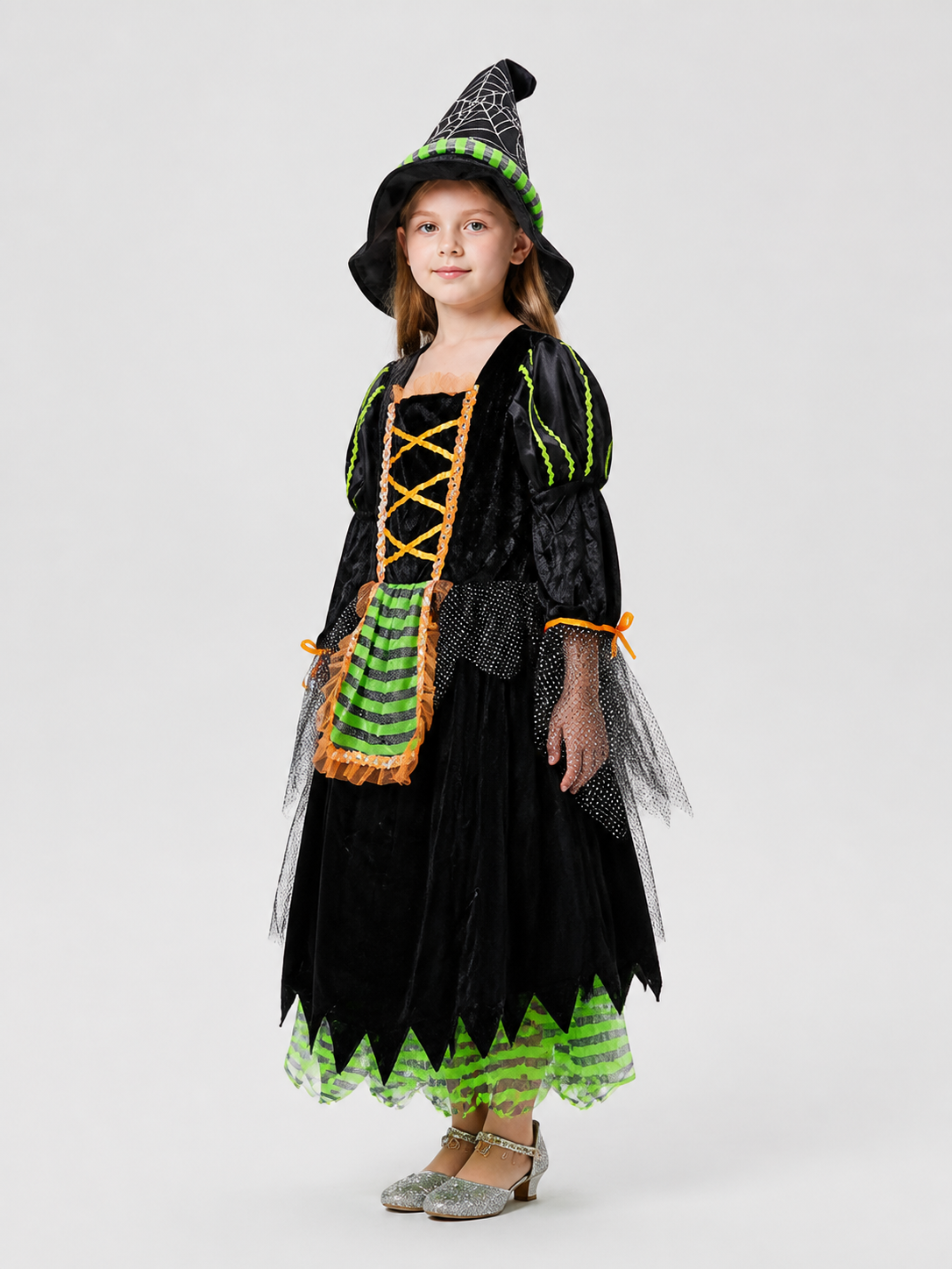 Children's Halloween Witch Costume with Full Skirt and Hat side view