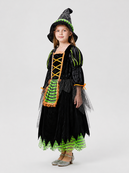 Children's Halloween Witch Costume with Full Skirt and Hat side view