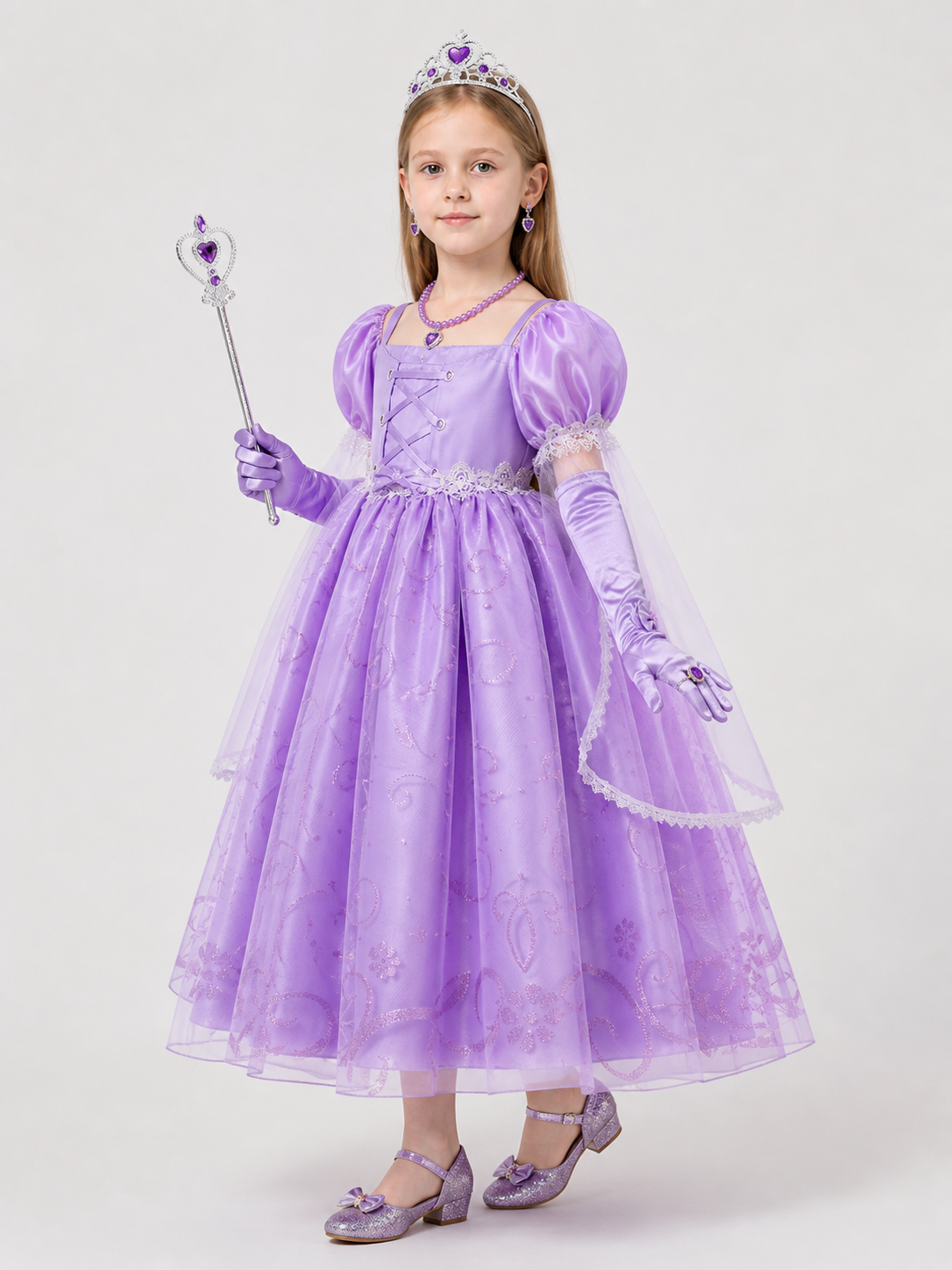 Princess dress with corset, crown, and magic wand side view
