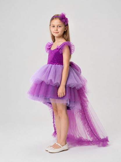 Children’s Purple Sequin Dress with a Train side view