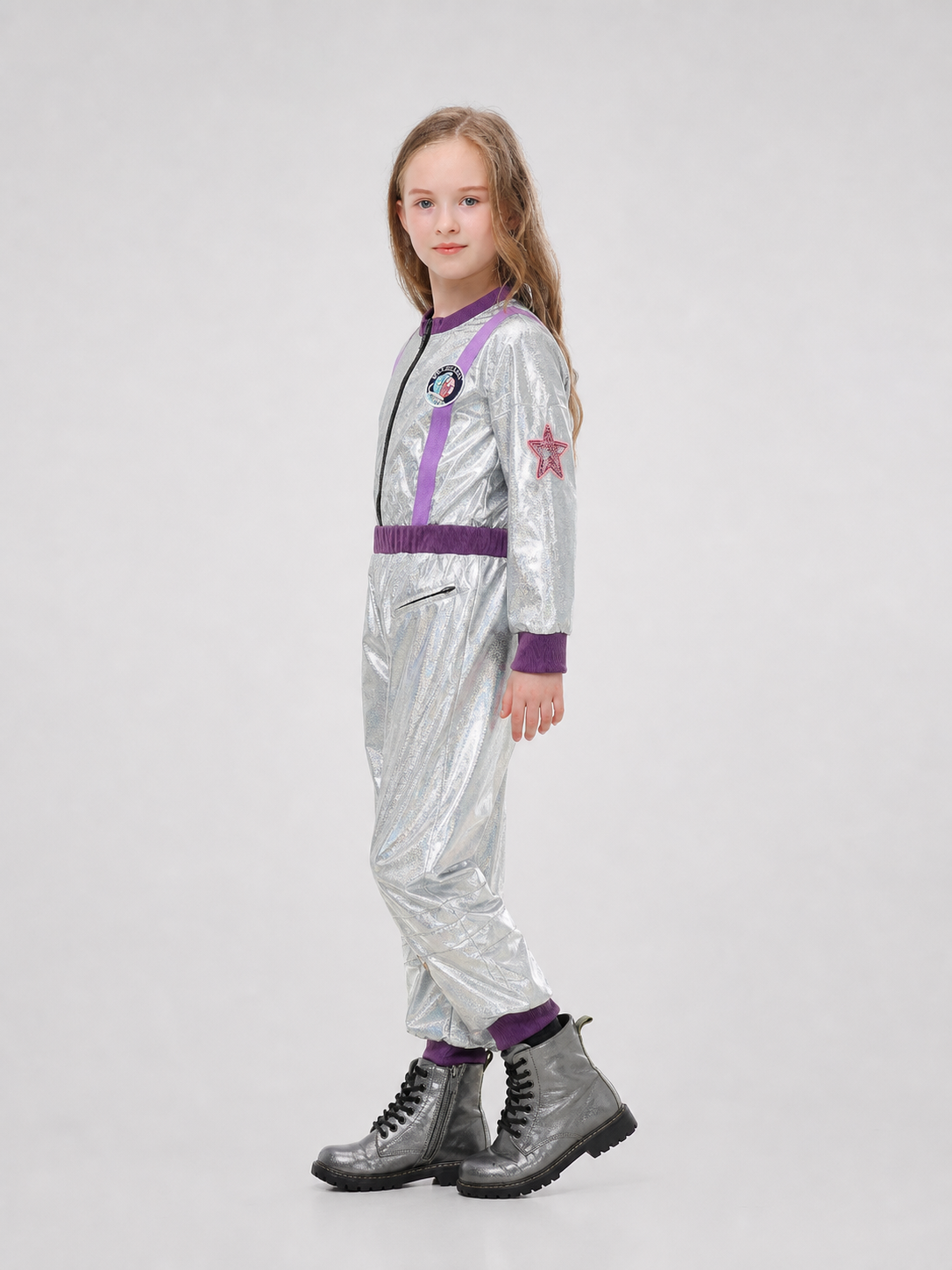 Silver Astronaut Costume with Purple Detailing