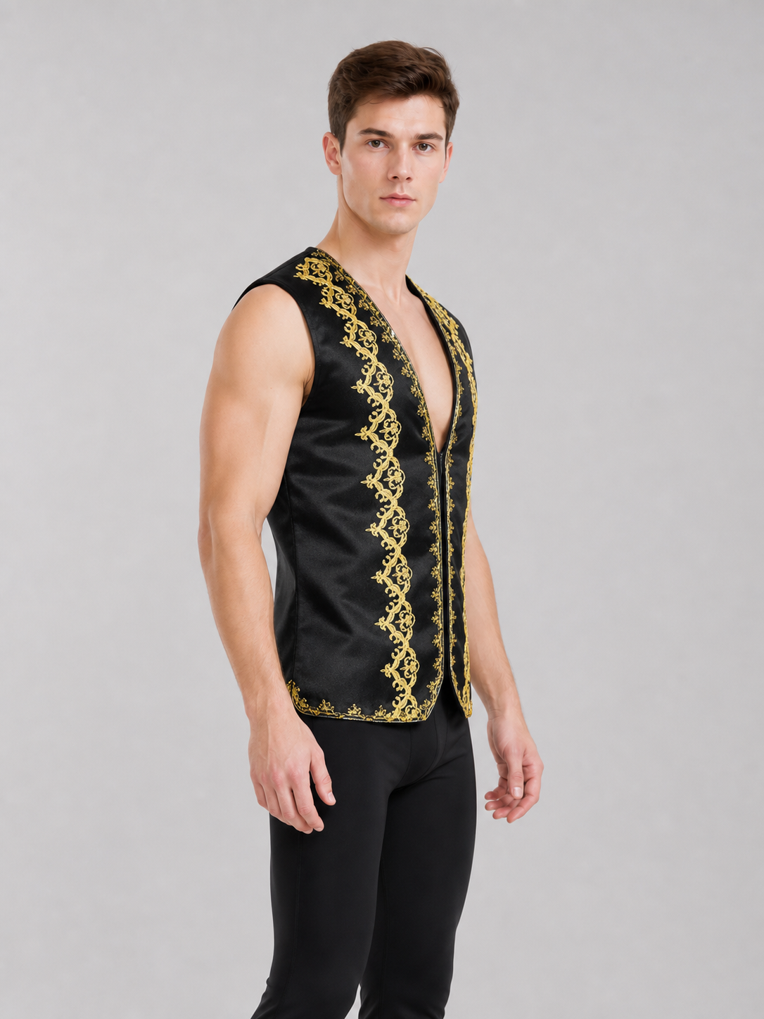 Black sleeveless vest with gold trim