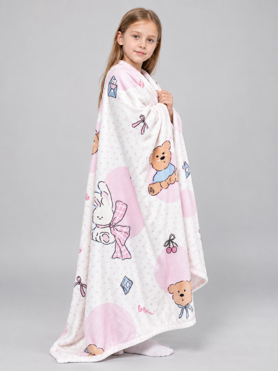 Reversible blanket with cartoon print and bows