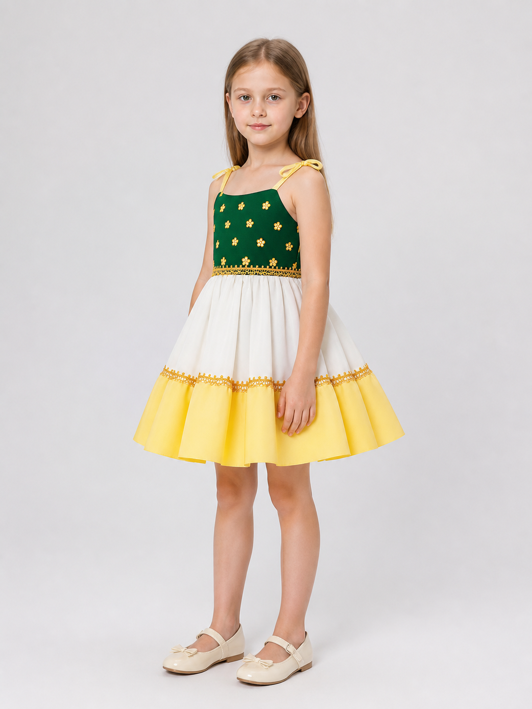 Festive Dress with Floral Print and Full Skirt side view