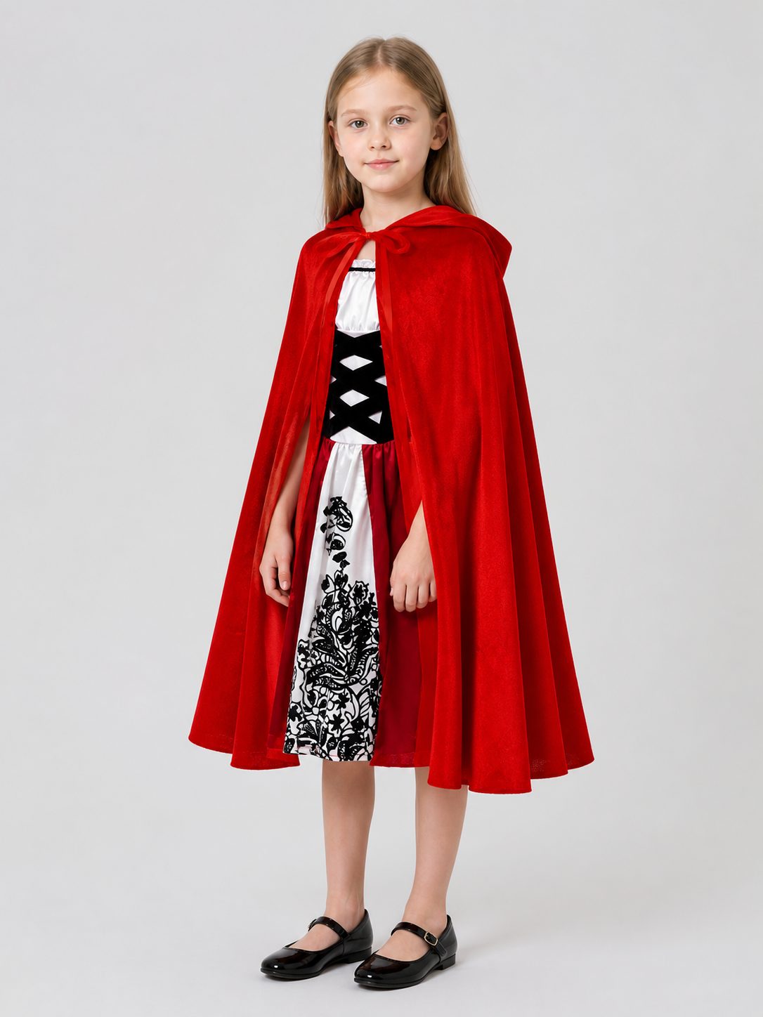 Halloween Costume: Dress and Red Hooded Cape side view