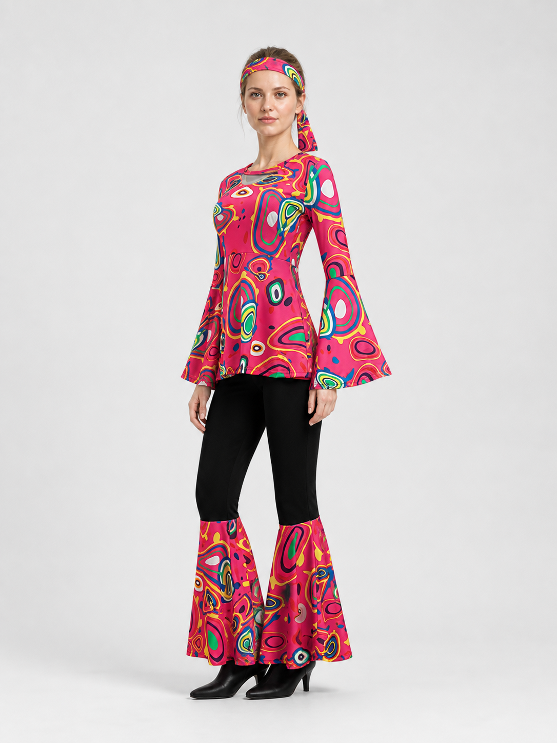 Hippie Stage Costume: Top, Flared Pants, and Scarf side view