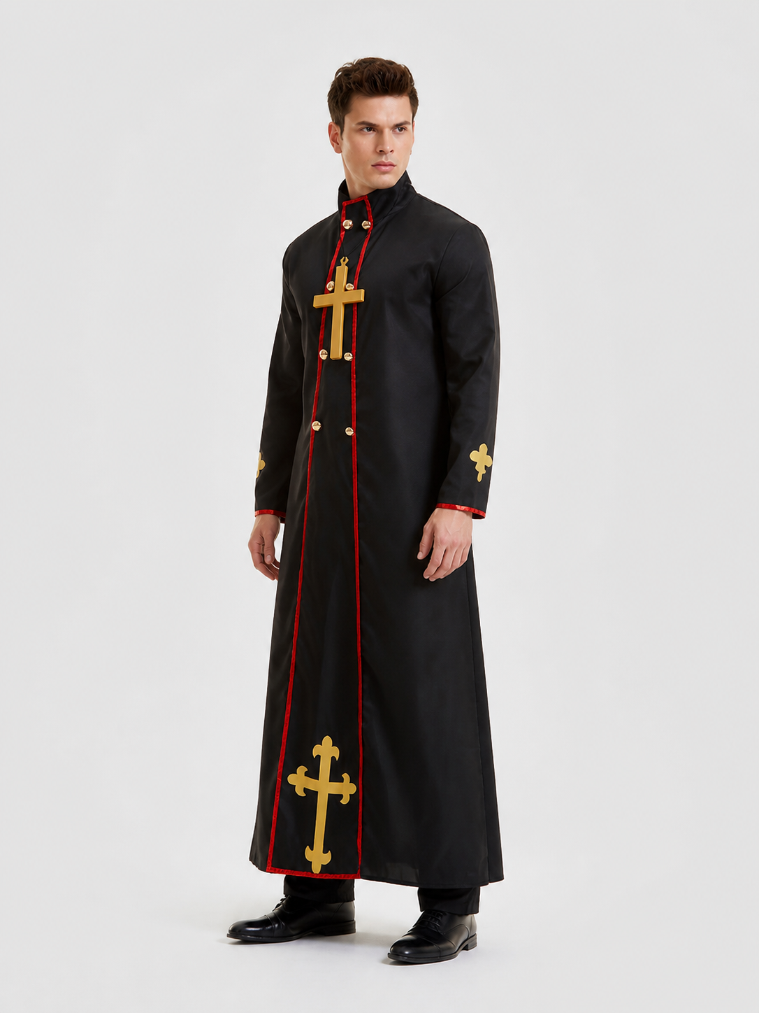Black Priest's Ritual Robe with Gold Crosses side view