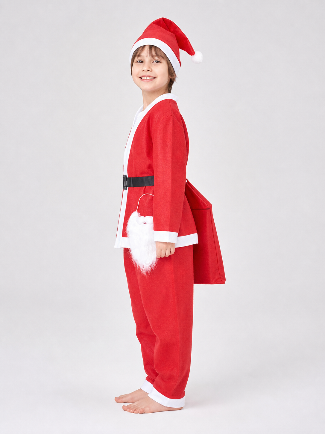 Santa Claus Costume with Hat, Beard, Belt, and Sack