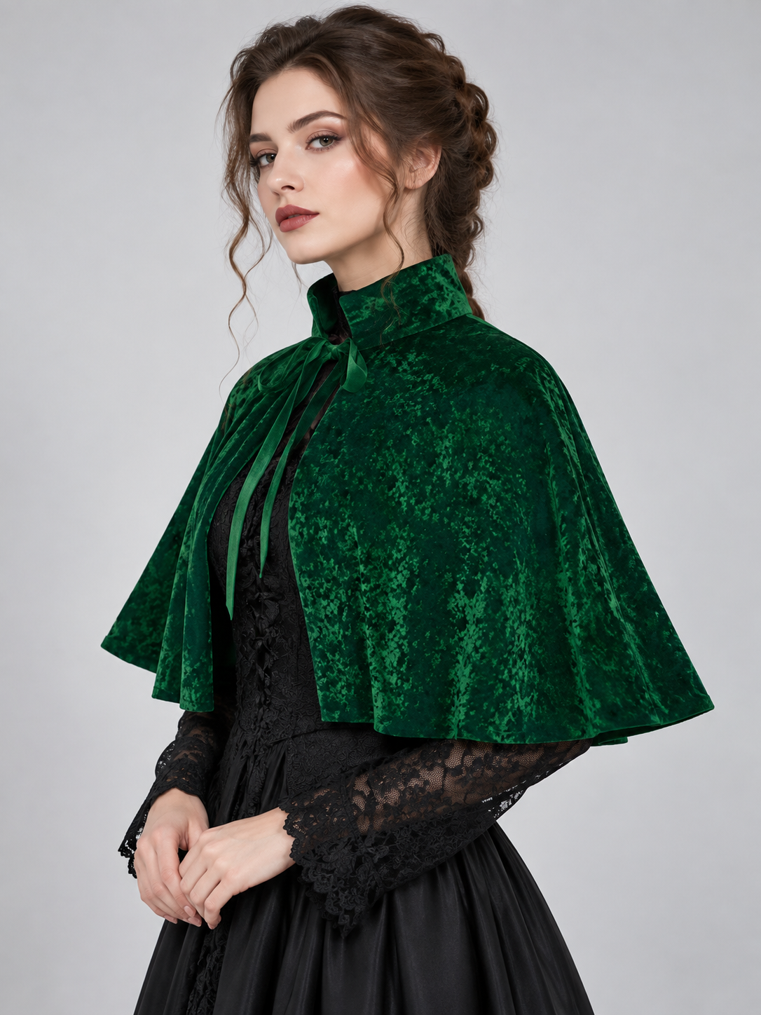 Green Velvet Capelet with Stand Collar
