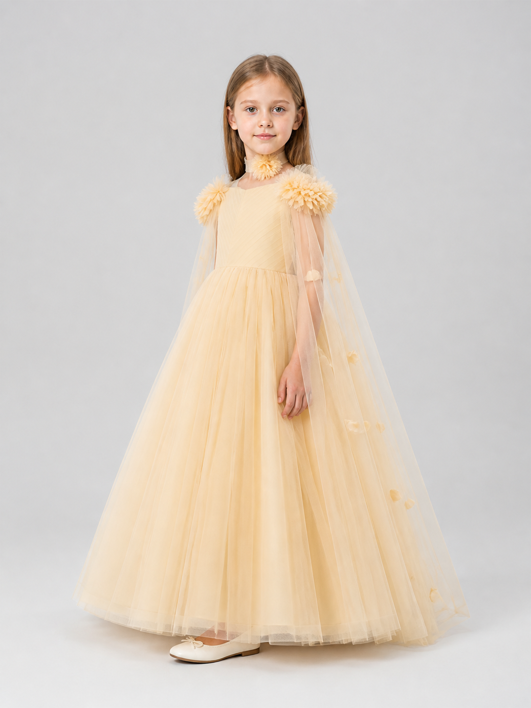 Long Princess Dress with Floral Details, Champagne side view