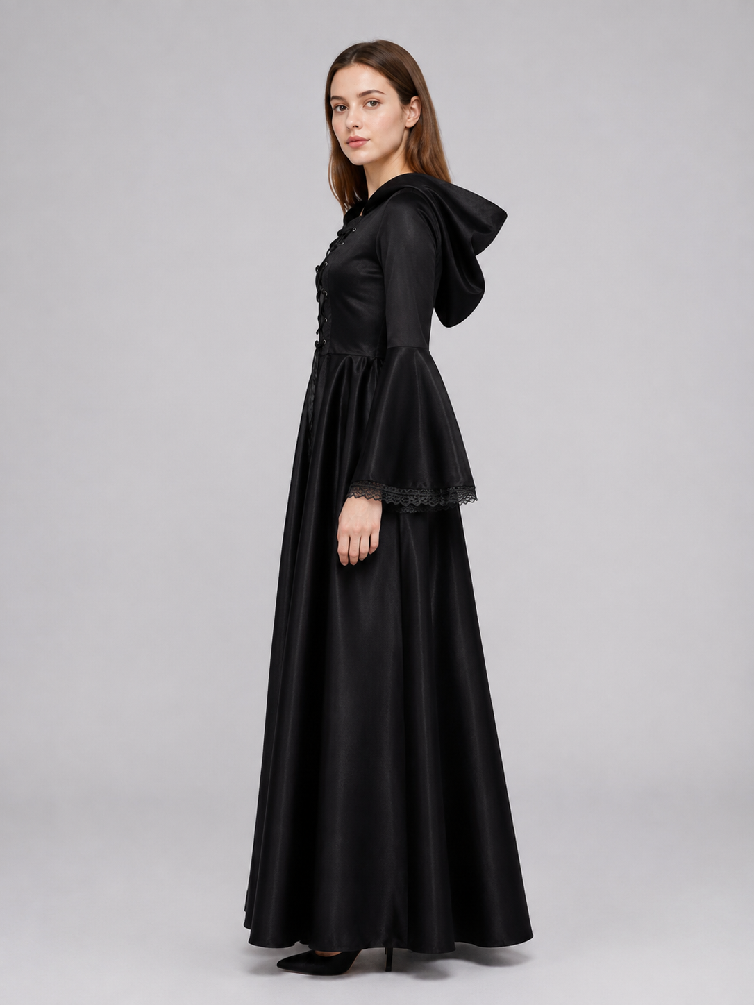 Long Gothic Hooded Lace-Up Dress side view
