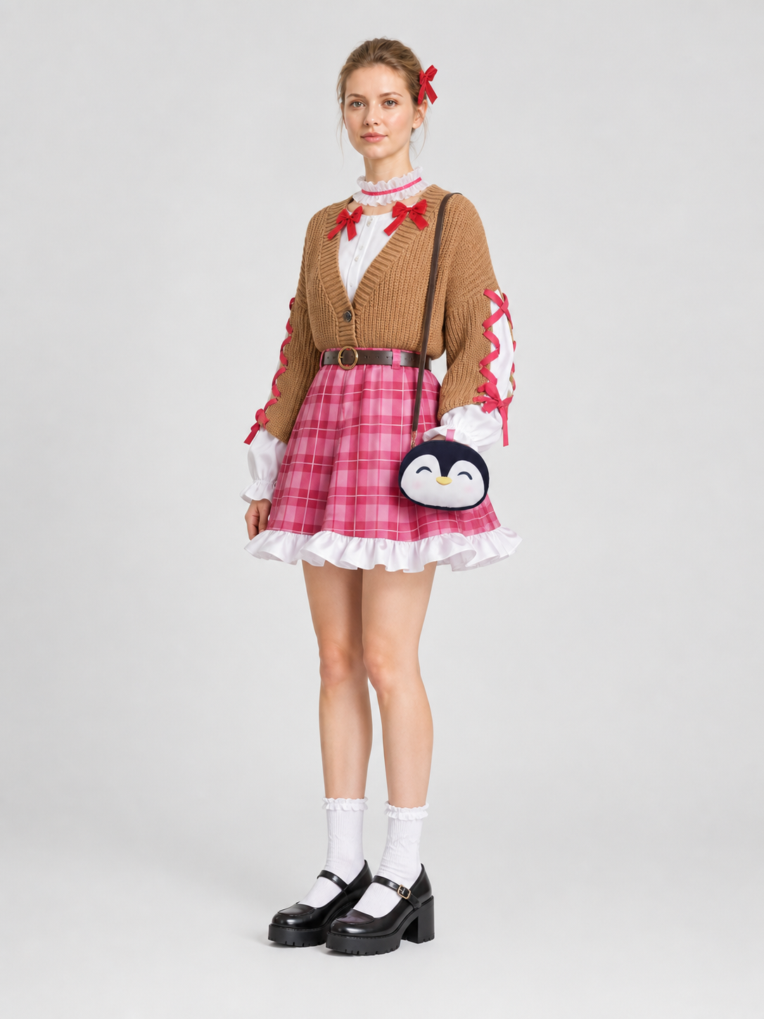 Penguin Cosplay Costume with Plaid Dress and White Ruffles side view