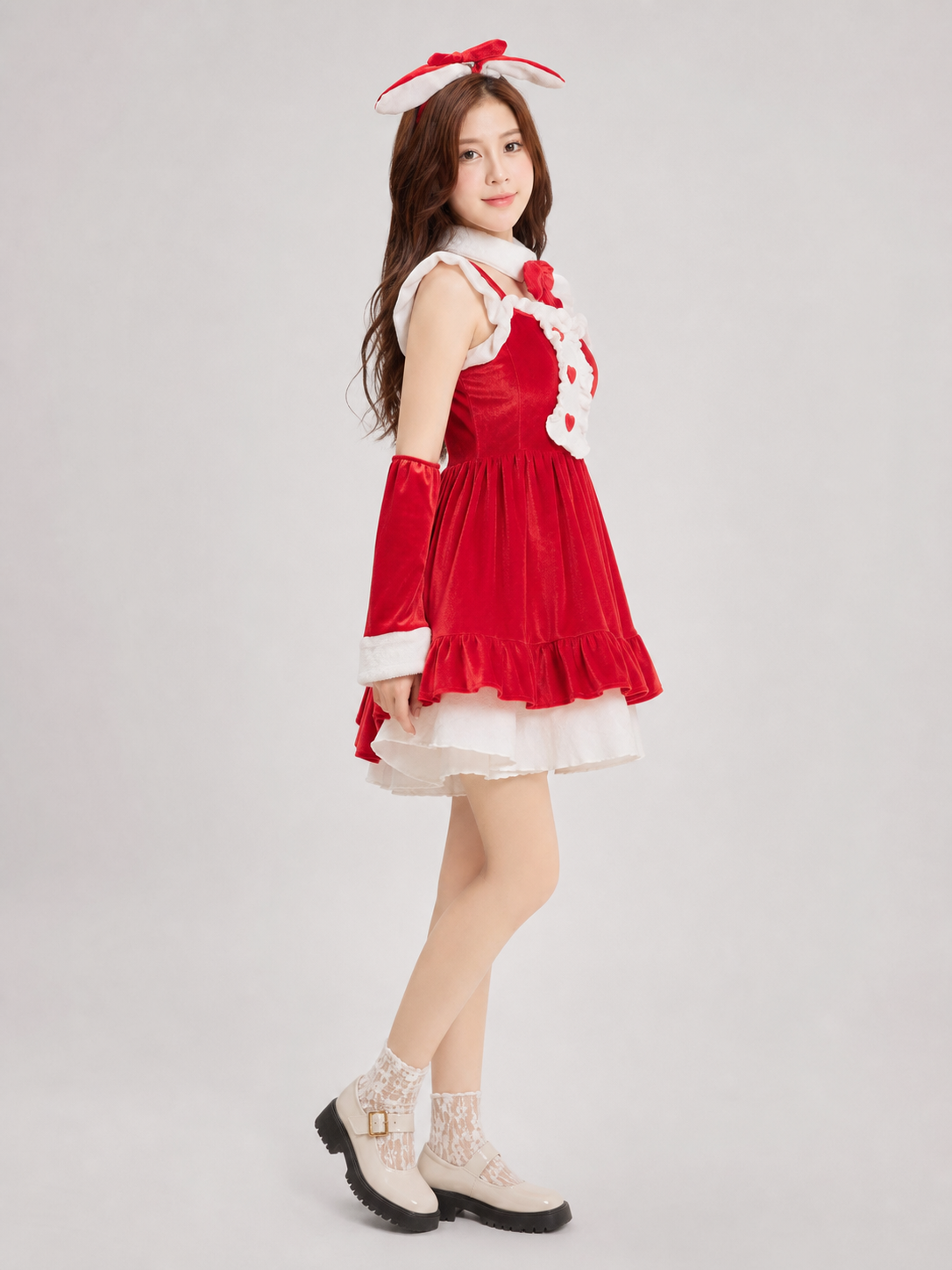 Christmas-Themed Dress with Bow and Ruffles