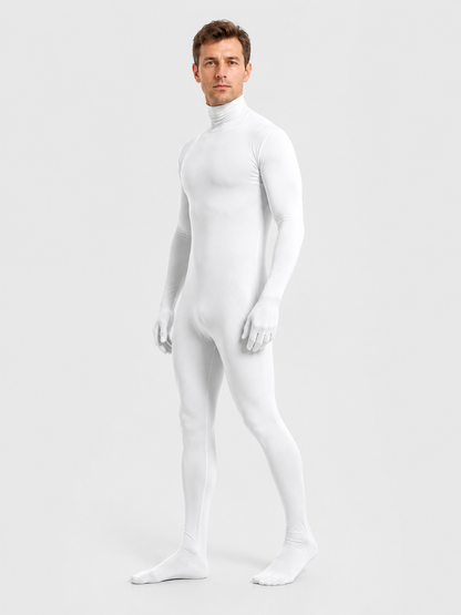 White Form-Fitting Jumpsuit with Hood and Open Face side view