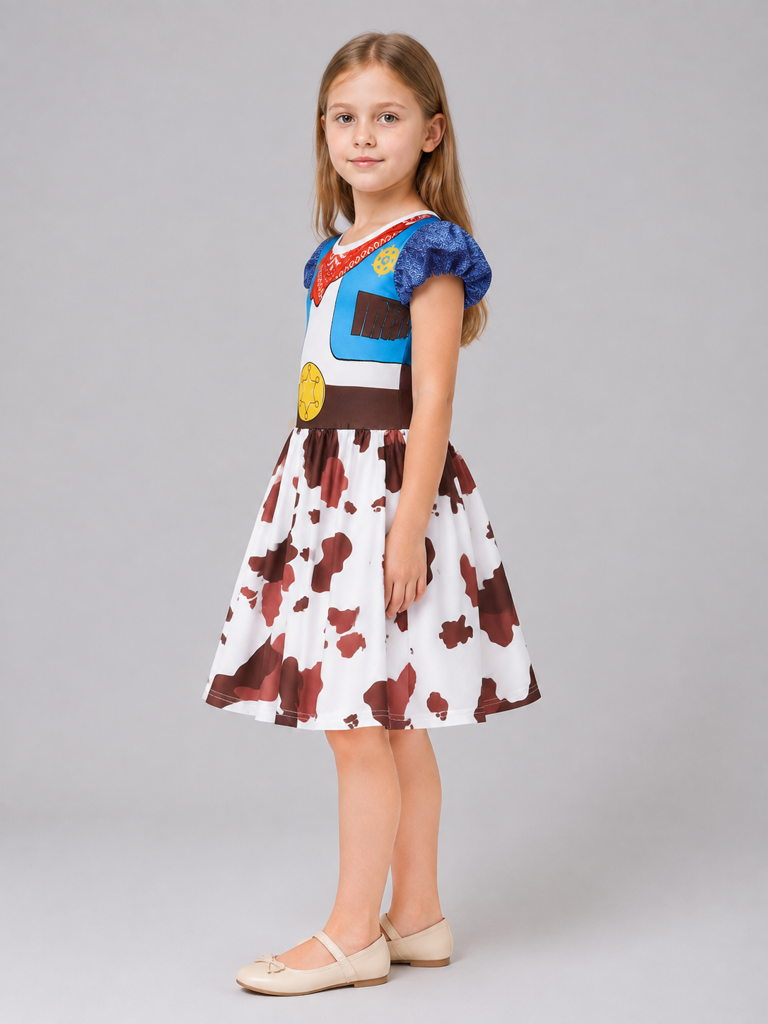 Western-style children's dress with a scarf and ruffles side view