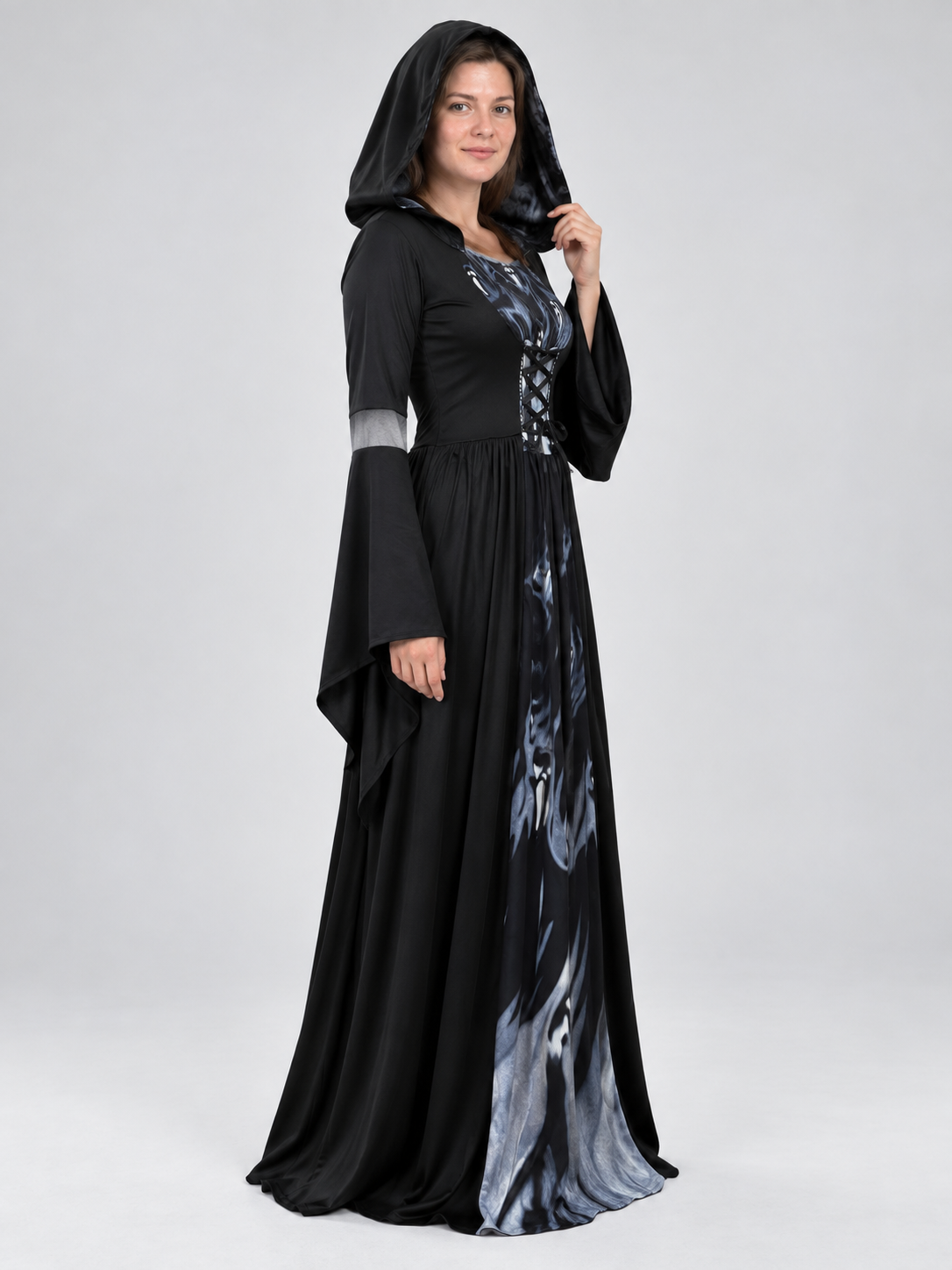Long Black Hooded Carnival Dress with Lacing