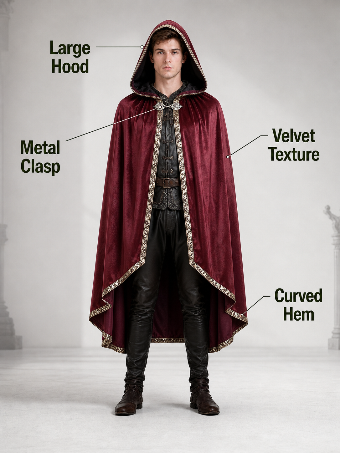 Burgundy velvet-look hooded costume cape product view 81