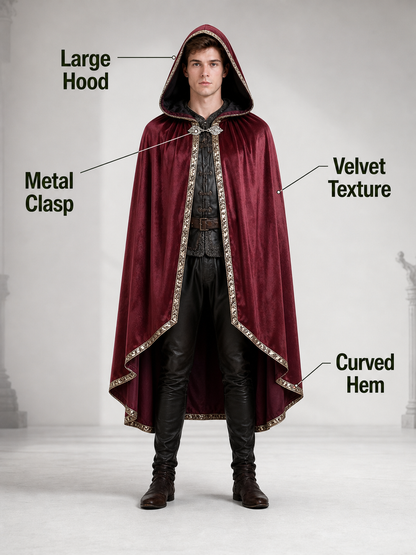 Burgundy velvet-look hooded costume cape product view 81