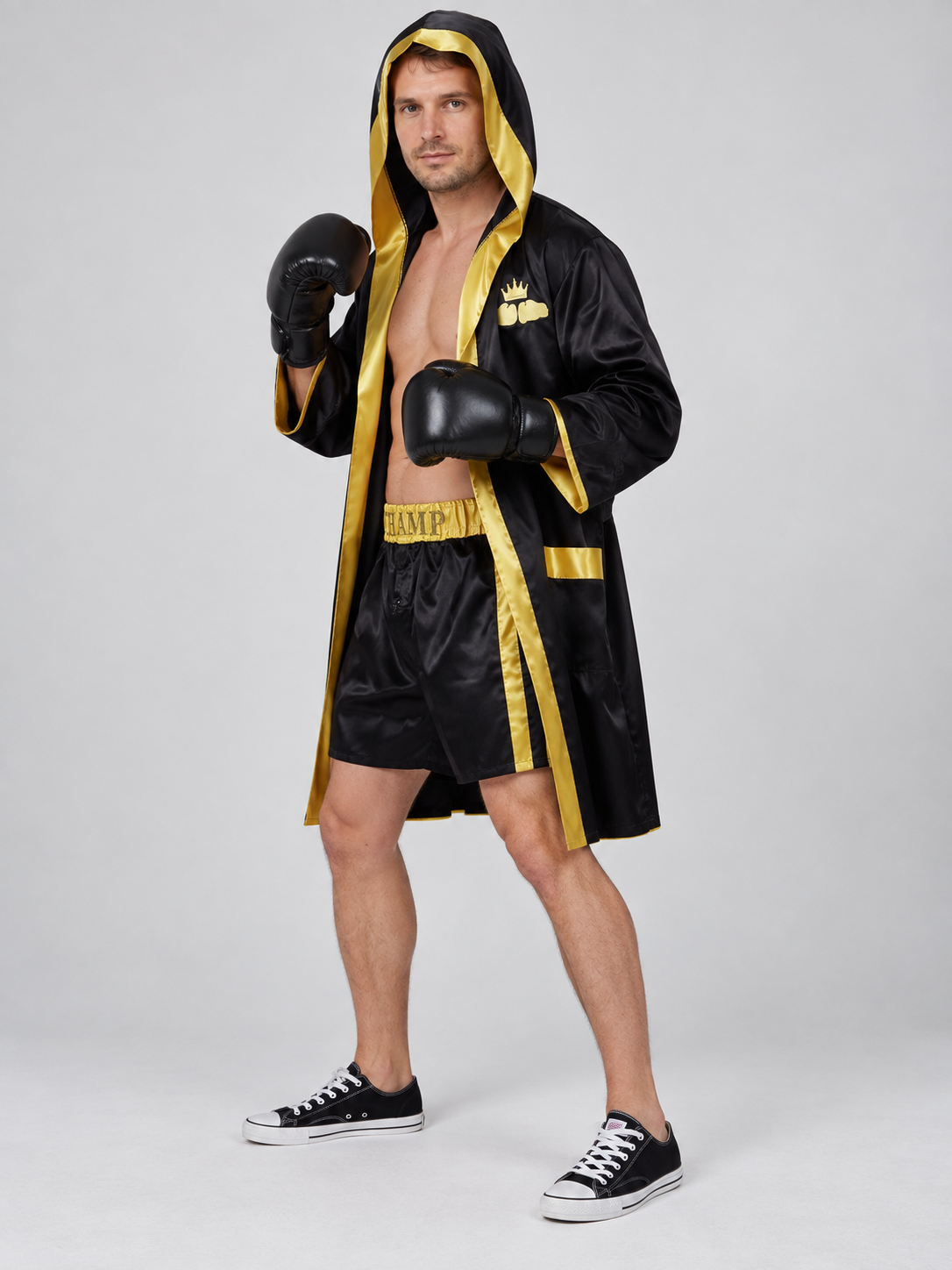 Black Boxer Costume with Gold Trim and Hood