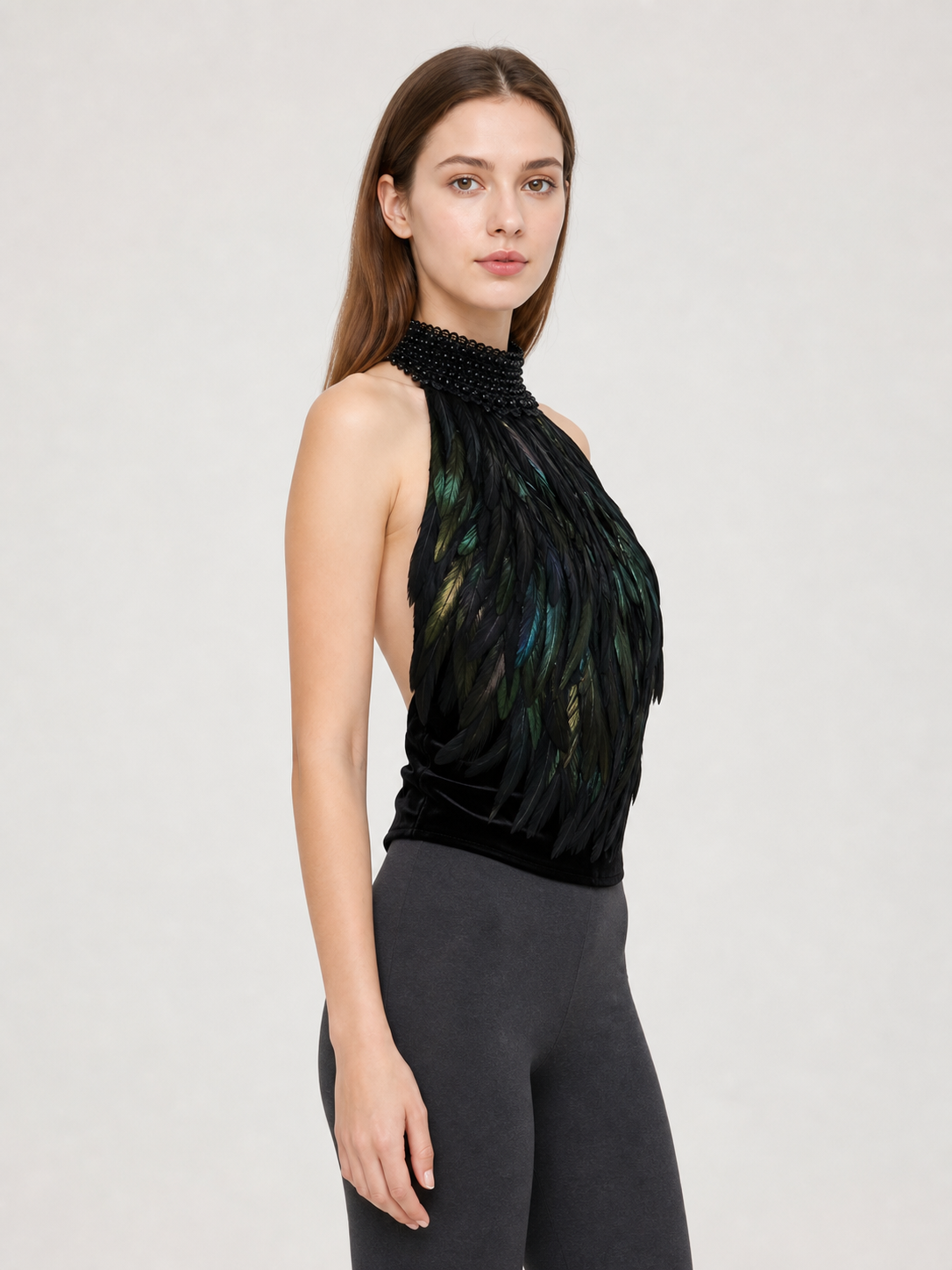 Feathered Halter Top with Beaded Collar