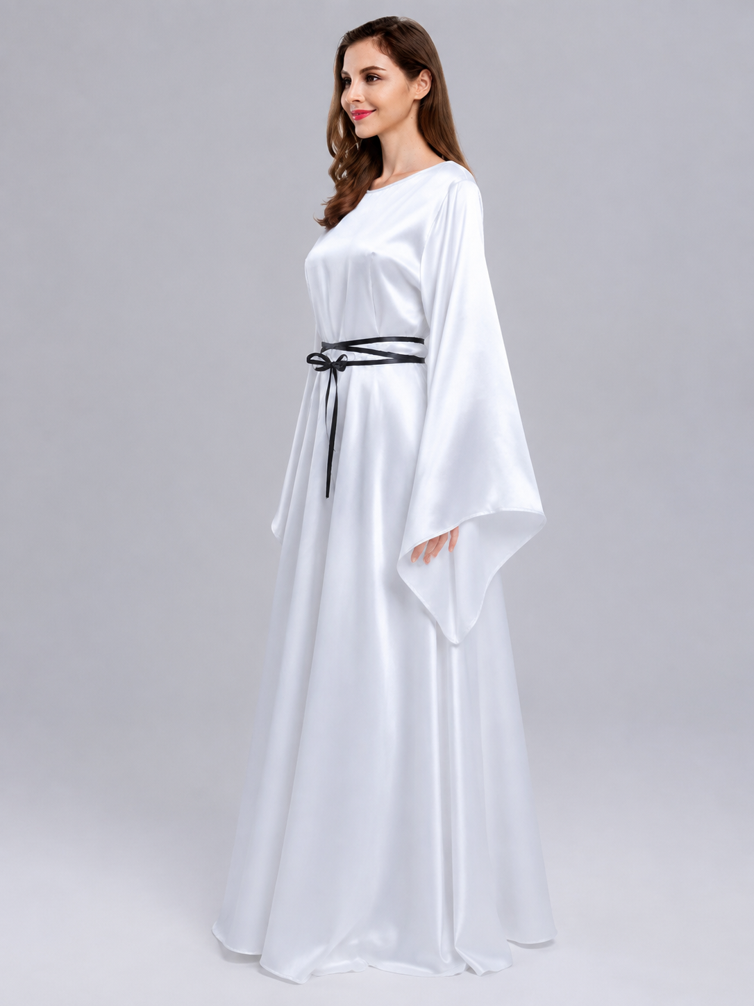 Floor-Length White Dress with Black Ribbon and Wide Sleeves side view