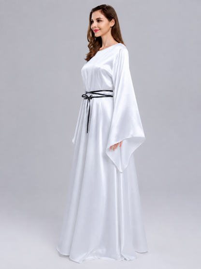 Floor-Length White Dress with Black Ribbon and Wide Sleeves side view