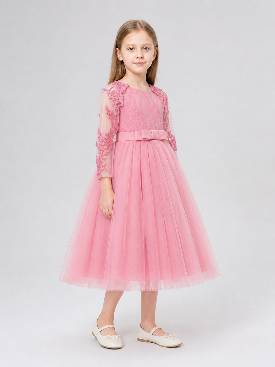 Full Skirted Girls' Dress with Cape and Bow side view