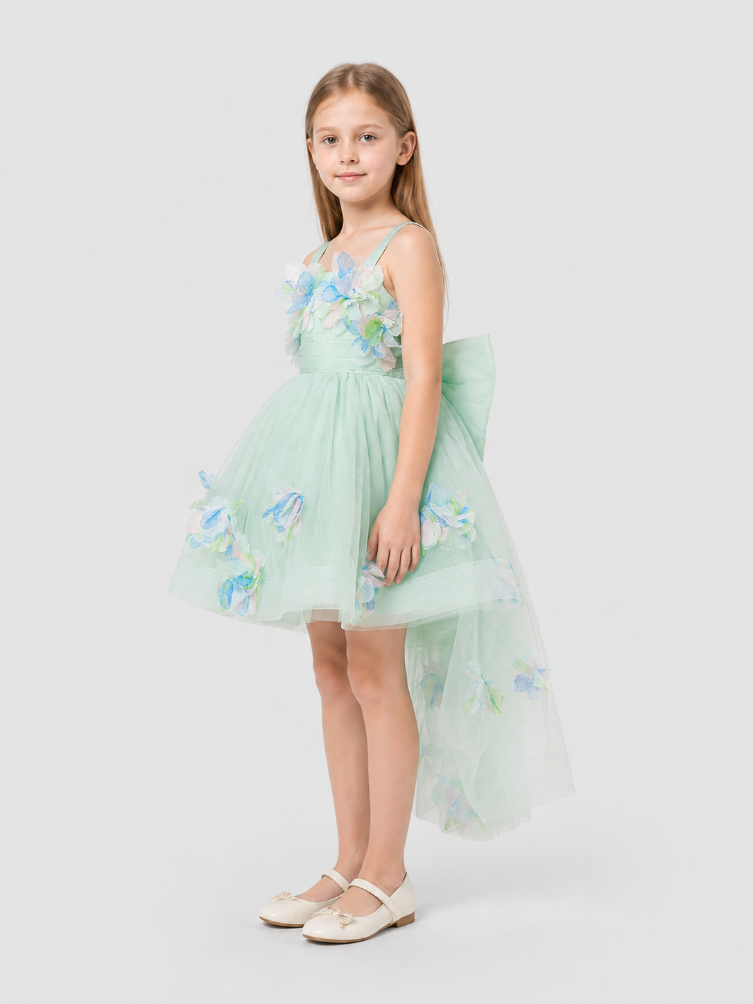 Strappy Floral Dress with Train and Full Skirt side view