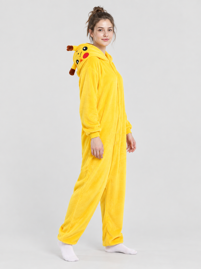 Yellow Fleece Hooded Pajama Jumpsuit with Ears