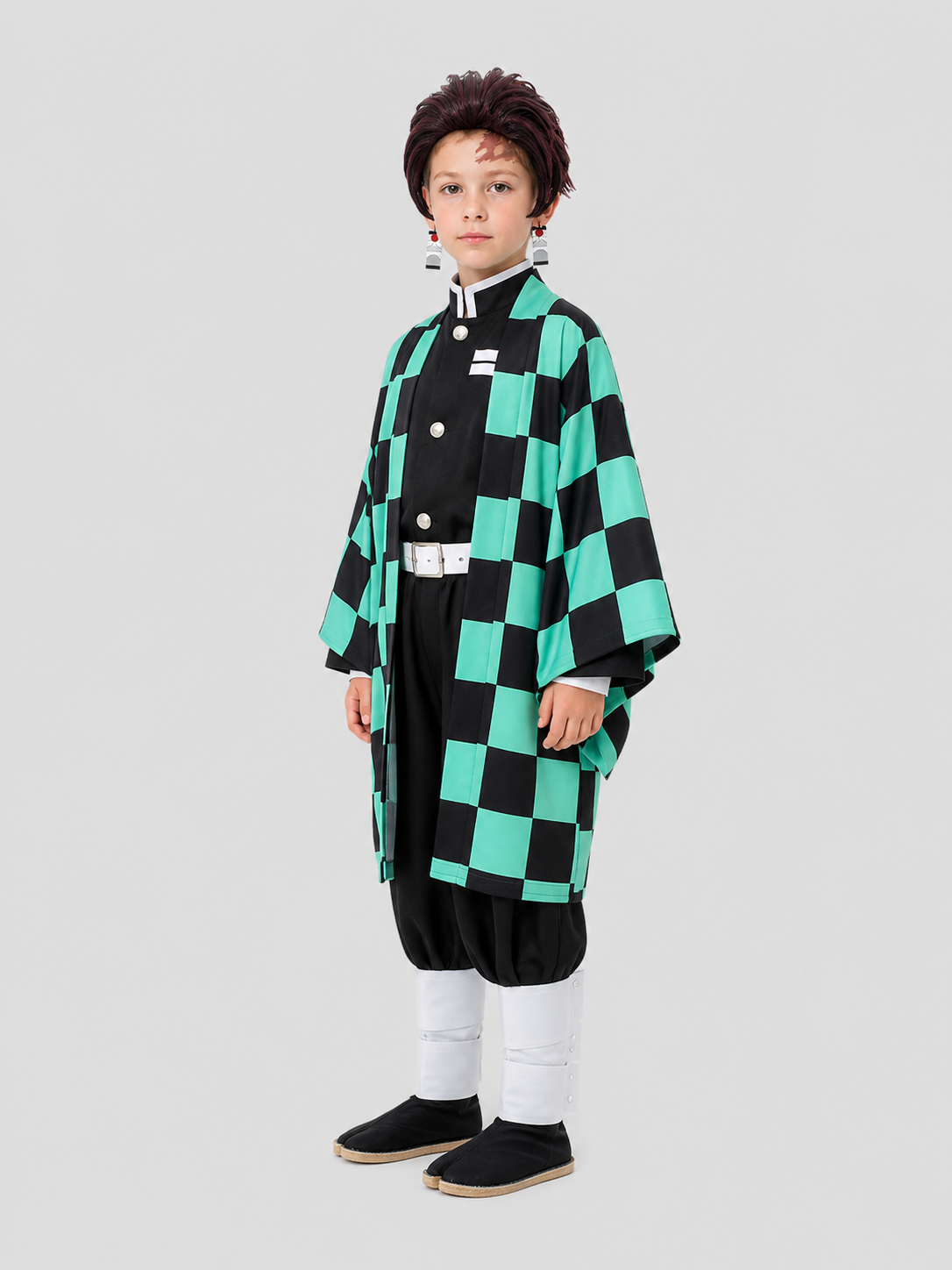 Tanjiro Cosplay Costume: Checkered Cape, Pants, and Wig side view