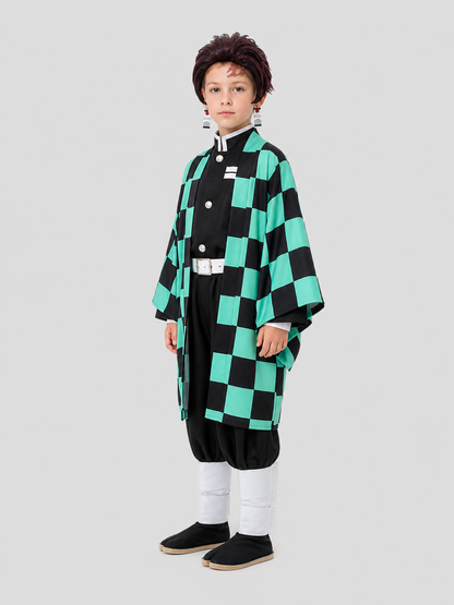 Tanjiro Cosplay Costume: Checkered Cape, Pants, and Wig side view