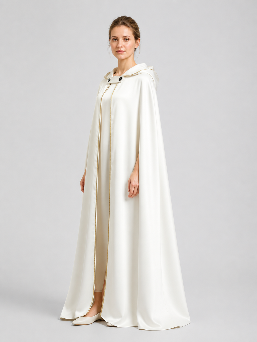 White Hooded Cape with Gold Trim for the Stage side view
