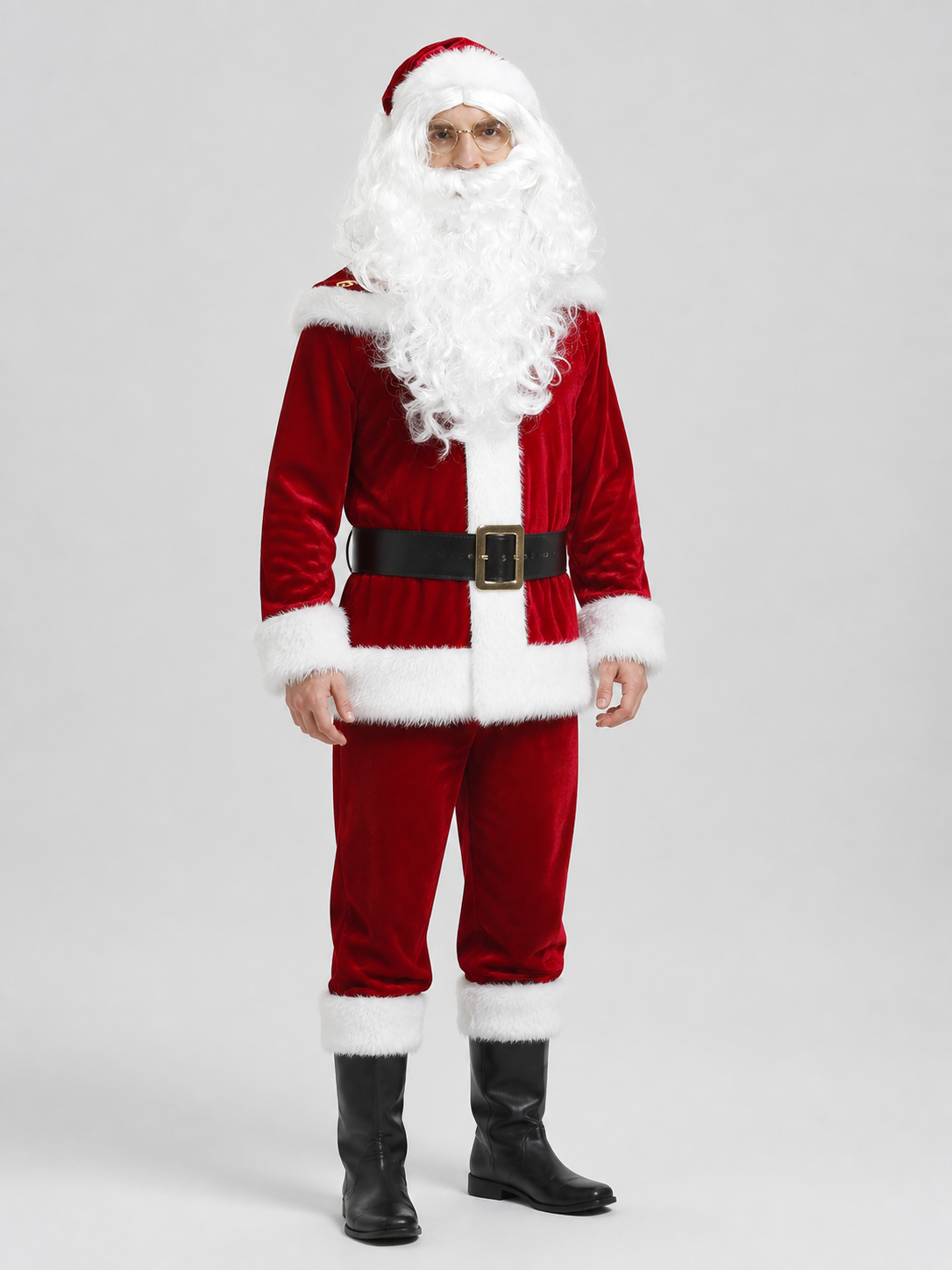 Santa Claus Costume, Red, with Beard and Hat side view