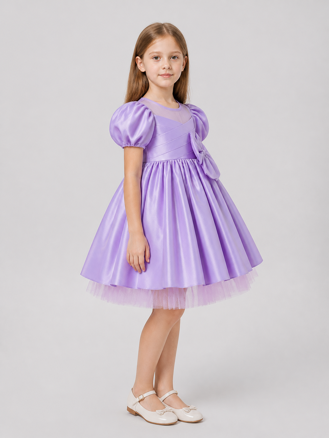 Children's Dress with Bow, Square Neckline, Full Skirt side view