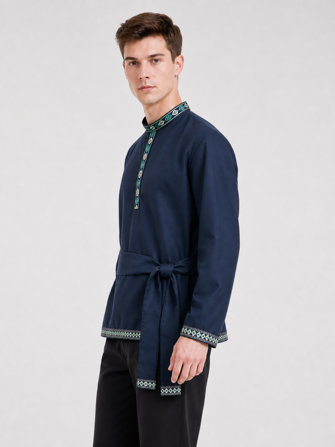 Tunic with a Belt and Embroidery, Dark Blue